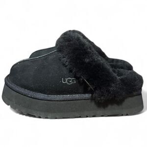 UGG Disquette Slippers Women’s 6 Black Platform Shearling Suede Slip On
